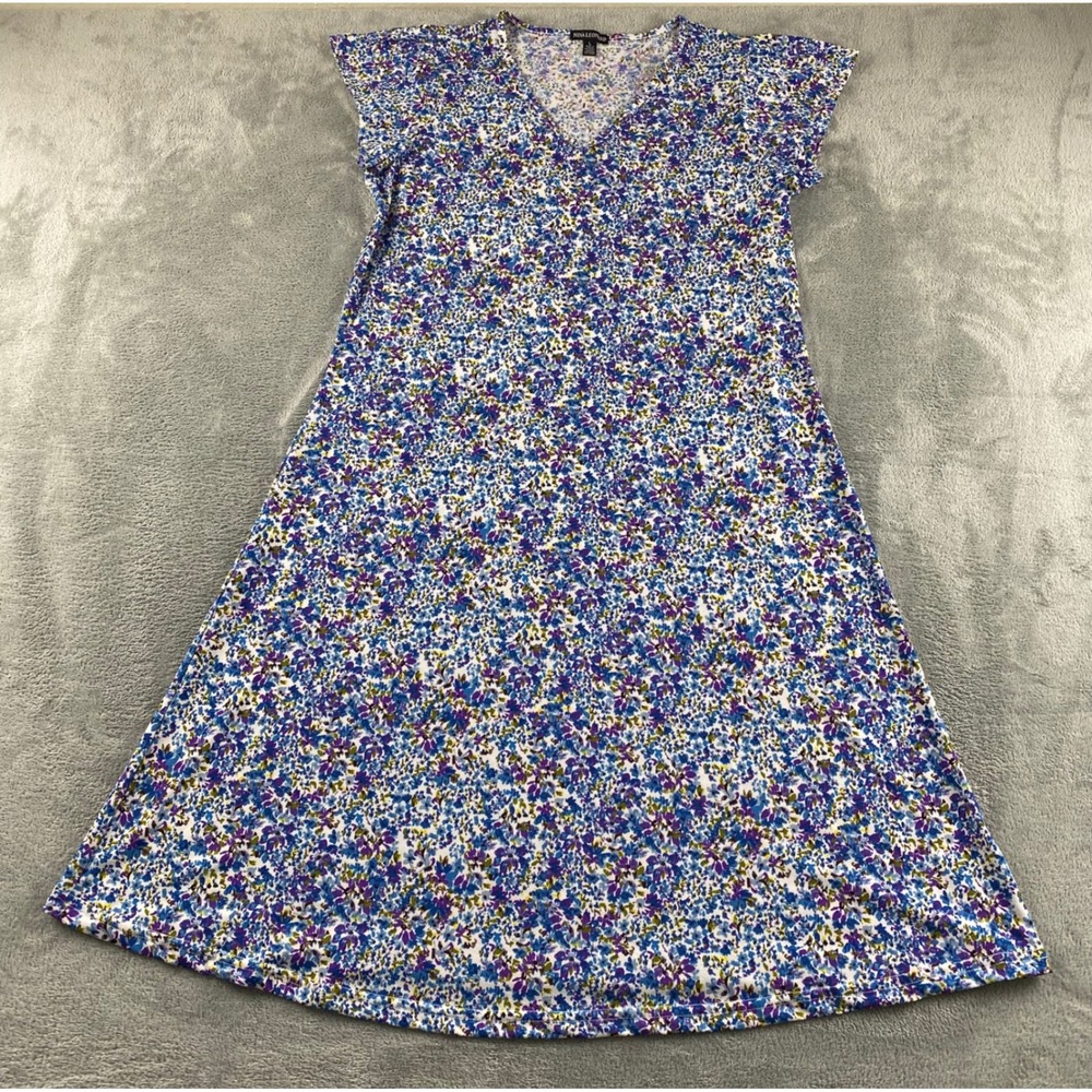 Nina Leonard Womens Blue Purple Floral V-Neck A-Line Dress Large Short Sleeve